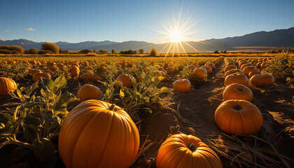 Sticker - Autumn sunset, pumpkin harvest, glowing lantern, vibrant landscape, rural celebration generated by AI