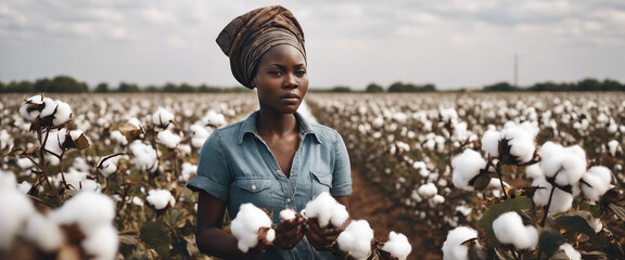 Wall Mural - Portrait of an African woman working in a cotton field in the United States
