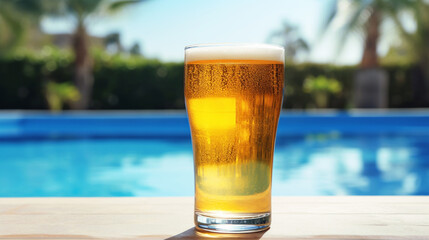 A close-up of a refreshing pint of cold beer, glistening with condensation, on the edge of a pool on a sunny day