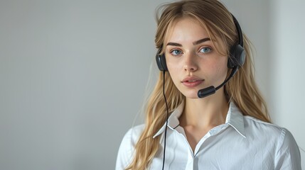 Poster - female call center agent helping clients online, isolated on white background with space for text.