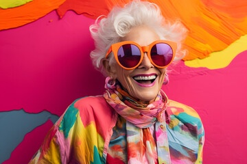 Wall Mural - a woman is wearing a colorful outfit and sunglasses with colorful backgrounds, in the style of grandparentcore, playful compositions, photo taken with provia, pink, creased