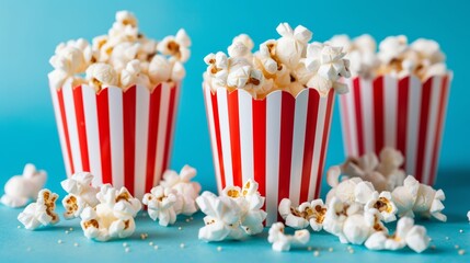 Wall Mural - Scattered delicious popcorn from red striped box on pastel blue background with copy space