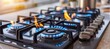 Blue propane gas flames on kitchen stove top with copy space, close up shot for text placement