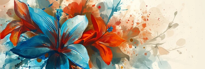 spring celebrate banner with abstract blue and orange flowers on light background for international women's day, birthday, mother's day with copy space