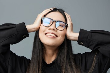 Portrait woman glasses asian finger beautiful background pointing smile