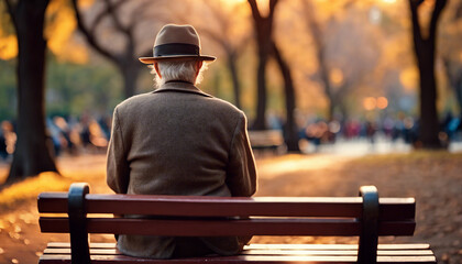 back view of an old man in a hat sitting on a bench in central park, sunset
