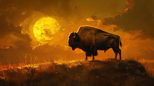 Bison Standing On Hill At Sunset.