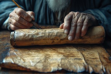 Apostle Paul writing in parchment scroll inspired by the Holy Spirit.	