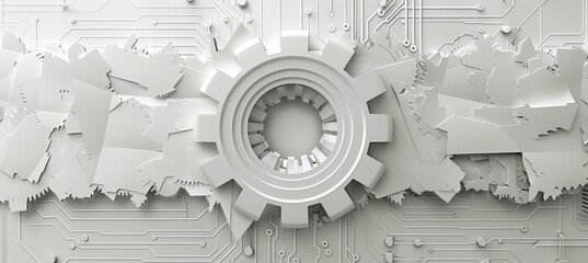 Poster - futuristic technology concept with 3d paper gear on circuit board for digital communication.