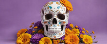 Sugar Scull With Marigold Flowers On The Light Purple Background