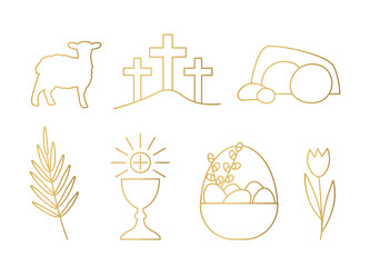 Wall Mural - golden set of Easter related icons: lamb, palm leaf, mount Calvary, Jesus tomb, bell, holy communion chalice, basket with eggs and pussy willow twigs, tulip flower- vector illustration