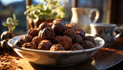 Wall Mural - Chocolate dessert on wooden table, a sweet homemade indulgence generated by AI