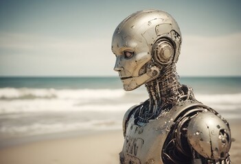 A realistic humanoid robot with a detailed metallic head and neck standing on a beach with the ocean and clear sky in the background