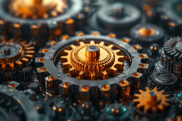 Poster - A labyrinth of interconnected gears and cogs, symbolizing the intricate workings of a well-thought-out and complex idea. Concept of intricate ideation. Generative Ai.