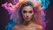 Stunning High Fashion Model with Glamorous Hairstyle Posing in Colorful Smoke Lights