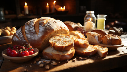 Poster - Freshly baked bread on a rustic wooden table, a gourmet delight generated by AI