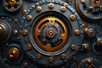 Poster - front view of a steampunk-themed mechanical gear arrangement with an open center for text. concept o