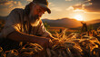 Senior men working on a farm, harvesting wheat in the sunset generated by AI