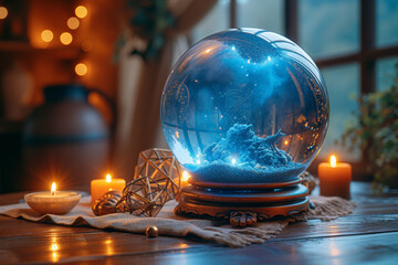 Poster - Front view of a crystal ball surrounded by mystical elements like candles and runes, creating a magical space for text. Concept of fortune-telling and mystery. Generative Ai.