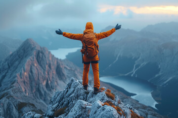 Poster - A photograph of a hiker reaching the summit of a towering peak, arms outstretched in triumph, symbolizing the sense of achievement and accomplishment in conquering nature challenges.  Generative Ai.