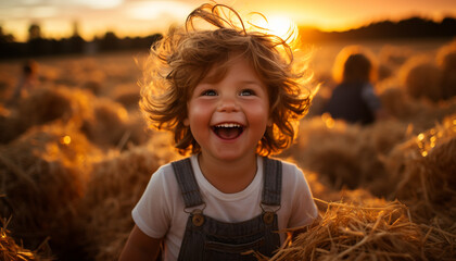 Poster - A joyful child in nature, smiling at the sunset beauty generated by AI