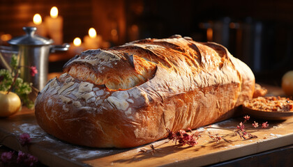 Canvas Print - Freshly baked homemade bread on a rustic wooden table generated by AI