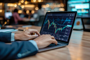 Poster - businessman holding a laptop and working on a cryptocurrency project. The project is innovative and groundbreaking, and there are other people in the background