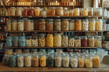 Canvas Print - A creative display of repurposed glass jars and containers used for bulk grocery shopping, illustrating the zero-waste lifestyle and its positive impact on the environment. Generative Ai.