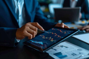 Poster - businessman holding a tablet and analyzing cryptocurrency market trends. The trends are positive and promising, and there are other people in the background