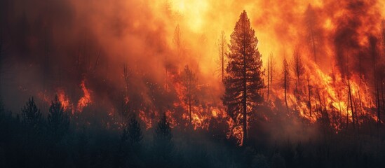 Canvas Print - Tree burning in red and orange during a forest wildfire.