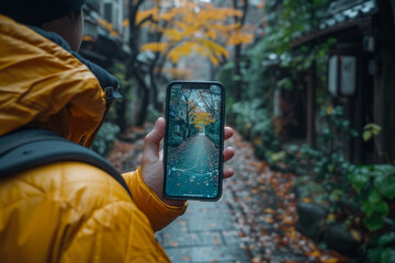 Poster - An augmented reality mindful walking guide that encourages users to practice mindful walking in outdoor spaces, integrating technology with nature. Concept of AR mindful walking. Generative Ai.