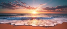 Stunning Sunset Beach Scene With Serene Waves And Captivating Sky, Perfect For Meditation Wallpaper.