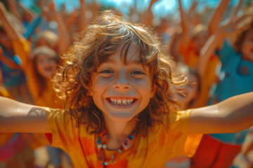 Sticker - A maximalist explosion of colors in a playground scene captures the exuberance and joy of children at play, where every hue symbolizes the boundless energy of youth. Generative Ai.