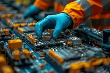 Poster - a close-up of a scientist's hands assembling components for an electric car, showcasing the commitme