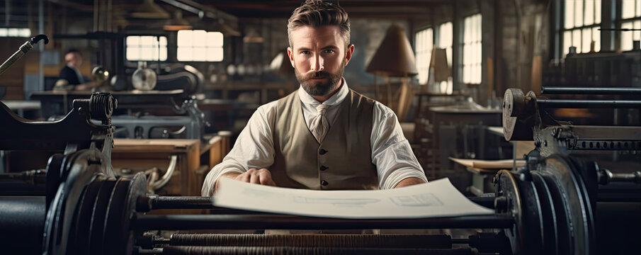 Printing press offince in old times with worker in front. Old paper factory