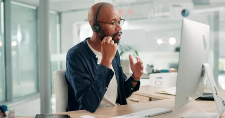 Aufkleber - Help desk, advice and phone call with black man, headset and consultant at customer service agency. Tech support, telemarketing and virtual assistant at callcenter with conversation at crm office.
