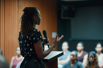 woman giving a presentation while others listen