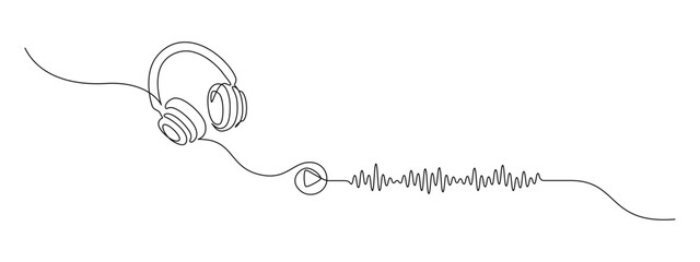 Aufkleber - One continuous line drawing of audiobook concept. Listening and reading device web banner for education and podcasts in simple linear style. Editable stroke. Doodle outline vector illustration