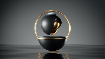 Poster - loop 3d animation of abstract geometric shapes. abstract hemispheres and a golden core with rings mo
