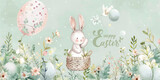 Fototapeta Dziecięca - Happy Easter postcard. Whimsical illustration of a cute bunny,  sitting in a serene spring garden flowers and easter eggs. Cute children decor.