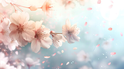 Wall Mural - A delicate cluster of cherry blossoms with petals gently falling against a soft, pastel sky symbolizes the arrival of the spring equinox 