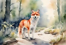 Fox In The Garden Watercolour Painting 