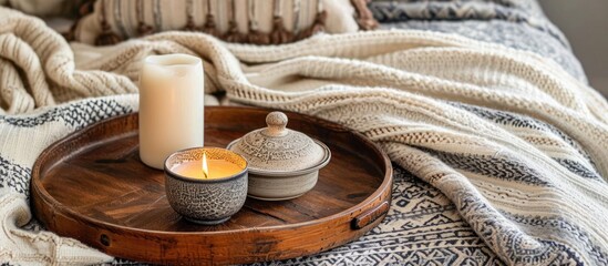 Cozy outfit and comforting ambiance on a decorative tray