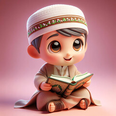 Quran Reading, Delighted 3D Animated Boy in Islamic Garb