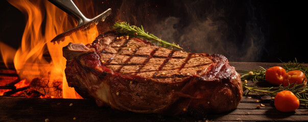 Wall Mural - Tomahawk steak top view on wooden background.