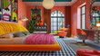 A vibrant, pop art-inspired bedroom with brightly colored furniture and a notable pendant chandelier.