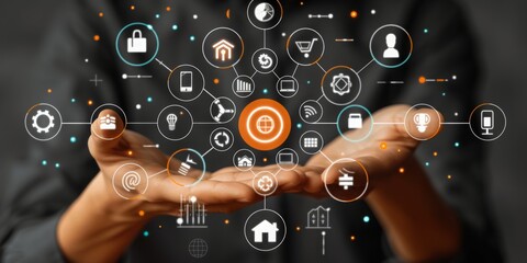 Leinwandbilder - A Business Professional Presents a Network of Smart Technology Solutions with Interactive Icons, Generative AI