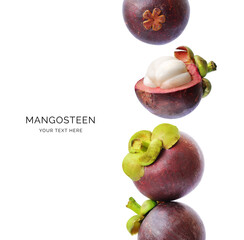 Wall Mural - Creative layout made of mangosteen on the white background. Flat lay. Food concept. Macro concept. 