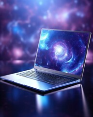 Sticker - A laptop computer with a galaxy background. Generative AI.