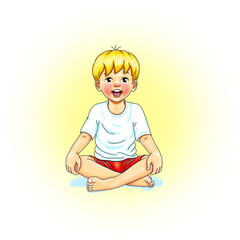 Kids Yoga Joga für Kinder, Asana lockerer Sitz, Gesunde Bewegung und Sport Ausgleich, Junge macht barfuß  Yoga Haltung Pose mit fröhlichem Gesicht, Spaß und Hobby, Yogi Logo auf Hintergrund in weiß